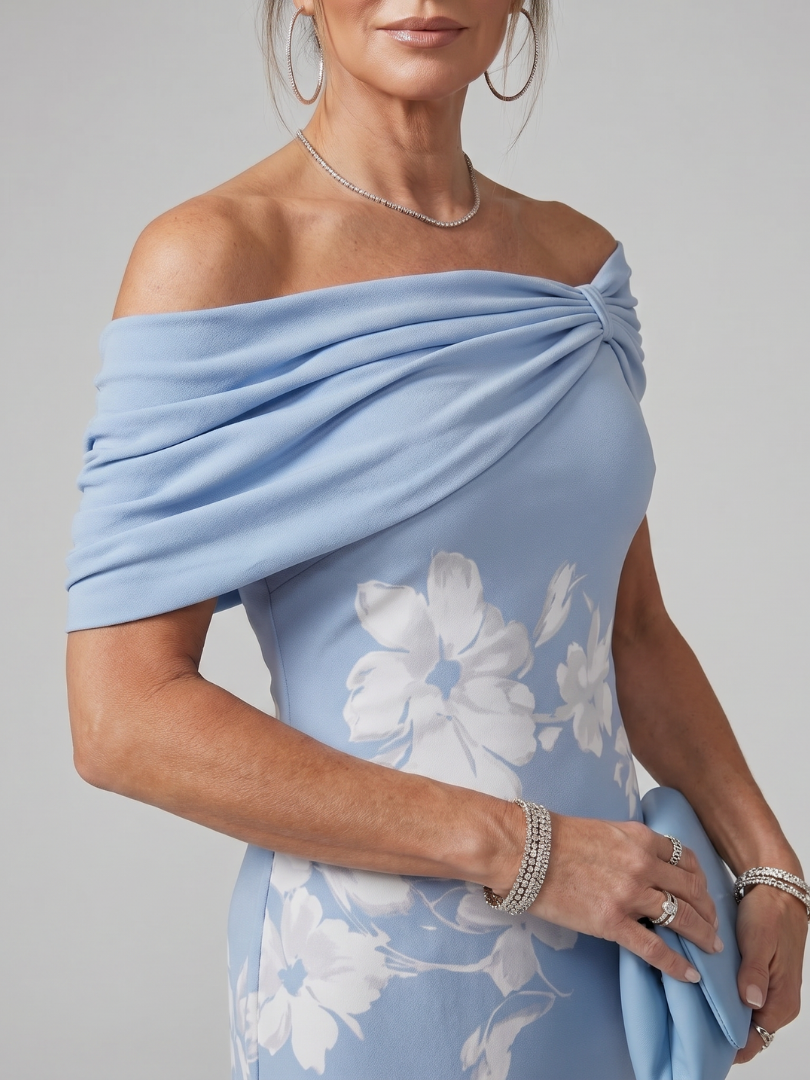 Cosma | Vestido midi de hombros al descubierto con escote drapeado