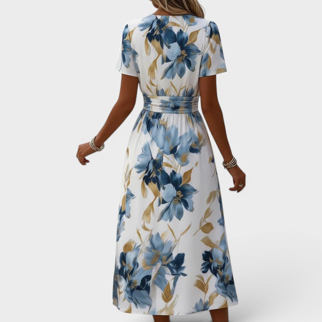 Elwira | Vestido midi floral con lazo en la cintura