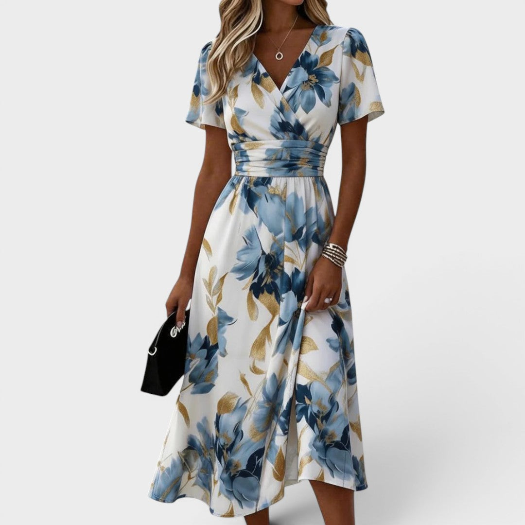 Elwira | Vestido midi floral con lazo en la cintura