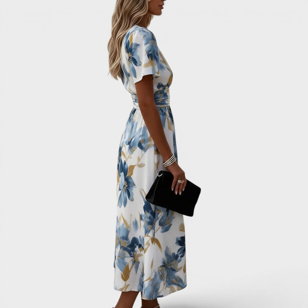 Elwira | Vestido midi floral con lazo en la cintura