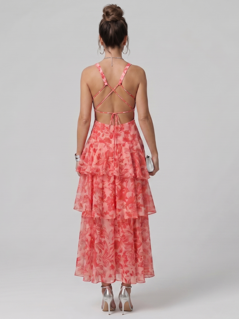 Gala | Vestido midi sin mangas con escote en V profundo y estampado pictórico